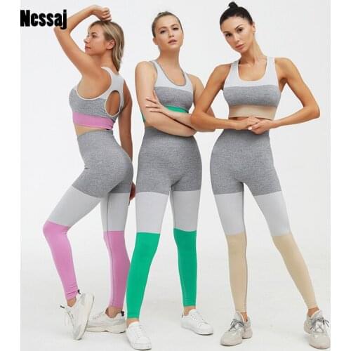 Nessaj Women Colored Seamless Suit Bra + High Waist Leggings Gym Training Shockproof Sets Women Workout Energy Gym Tracksuit