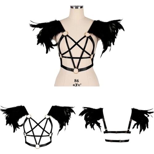 Pentagram Harness For Women Belt Natural Feathers Accessories Tops Halloween Carnival Exotic Costume Punk Goth Suspender
