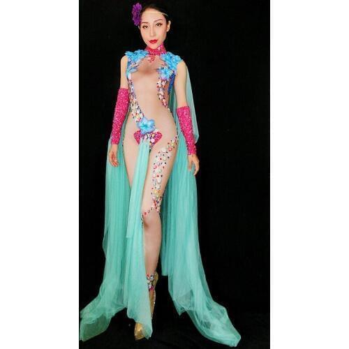 Womens Sexy Costume fashion Big Flowers Rhinestones Stretch Nude Jumpsuit Female Singer Dance Stage Wear Green Mesh Outfit