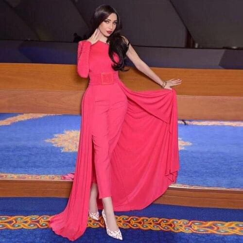 Robe De Soiree One Shoulder Prom Dresses Long Sleeve Jumpsuits Satin Formal Dubai Middle East Evening Party Gown 2021 Celebrity