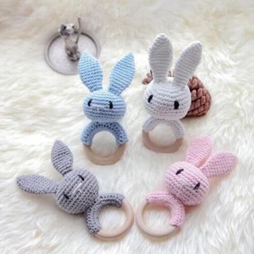 1pc Baby Rattles Crochet Amigurumi Rabbit Wooden Ring Rodents Bed Bells Montessori Toy Educational Baby Teether Children‘s Gift