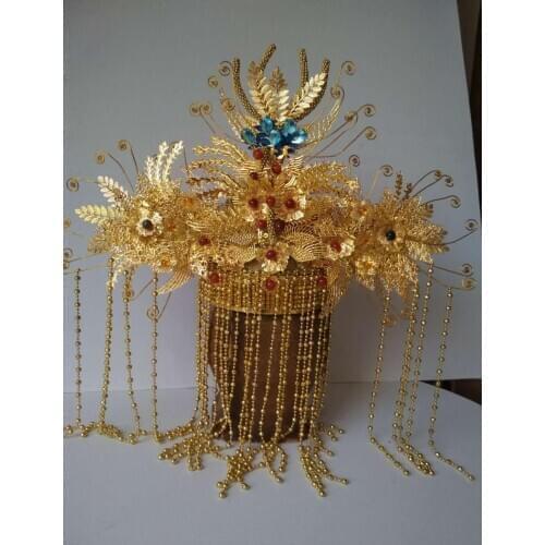 16 Designs Handmade Golden Empress Princess Hair Tiara Bride Wedding Hat Drama Photography Long Tassel Phoneix Crown Headpiece