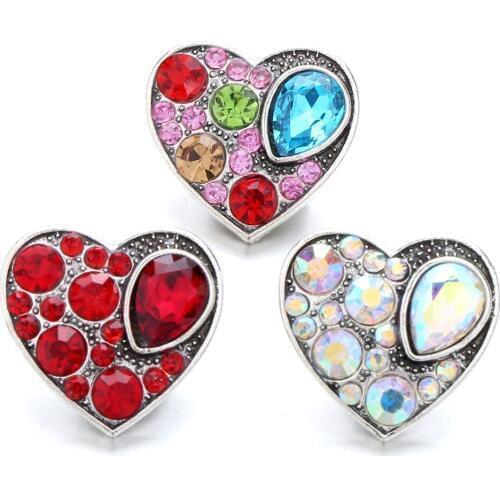 5pcs/lot New Snap Jewelry Love heart 18mm Snap Buttons with Rhinestone Flower Charm Fit Silver plated Snap Bracelets Bangles