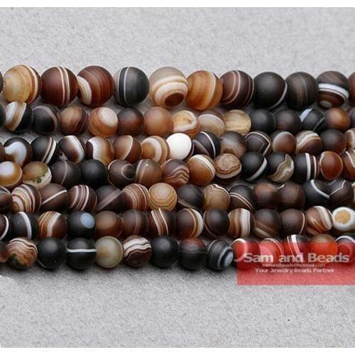 Free Shipping 16" Natural Stone Dull Polish Matte Coffee Stripe Agata Onyx Round Loose Beads 6 8 10 MM Pick Size FAB06