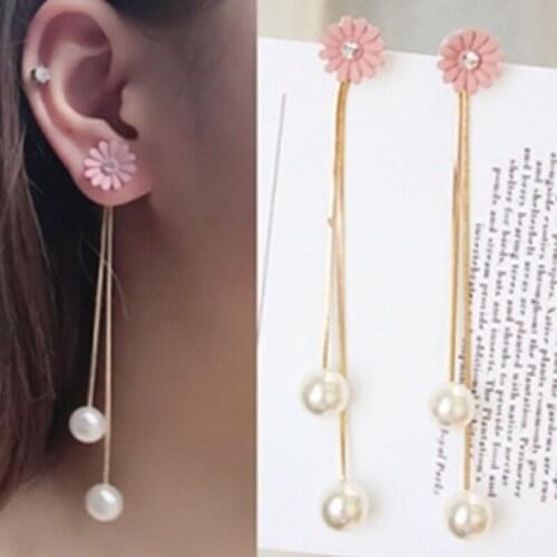 New Fashion Jewelry Long Simulation Pearl Sweet Flower Tassel Earrings Pendientes Drop Earrings Oorbellen Earrings For Women