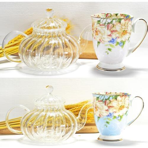 2pcs set, pumpkin glass tea pot and bone china tea cup set, porcelain tazas espresso coffee set, ceramic creative present gift