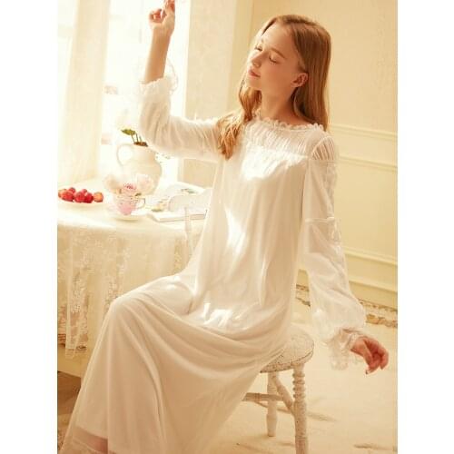 Rose Tree Free Shipping 2019 New Fall Princess Nightgown Womens Long Pajamas White and Pink Sleepwear Soft Modal Nightdress 133