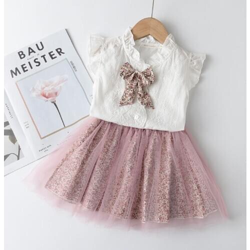 2021 New Summer Girls Casual Dress Set Kids Cute Bowtie Dresses Children Lovely Mesh Dress Party Girl Suit Costume Baby Clothing