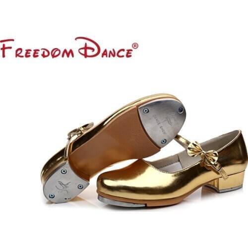 Slide Buckle with Bow Tap Shoes for Kids and Adults Shiny Patent Leather Non-skid Rubber Pad White Tap Dance Shoes Size 23-42