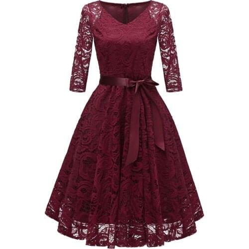 Autumn and winter 2019 celebrity V-Neck long sleeve hollow pattern panel lace lace up mid waist dress