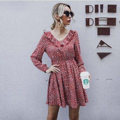 Autumn Winter Double-layer Floral Dress Women Casual Ruffles Slim Mini Dress For Women New Fashion