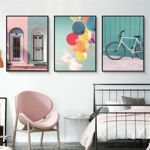 Nordic Poster Bike and Balloon Pink Romantic Building Canvas Painting Home Art Picture Modern Wall Art Living Room Decoration