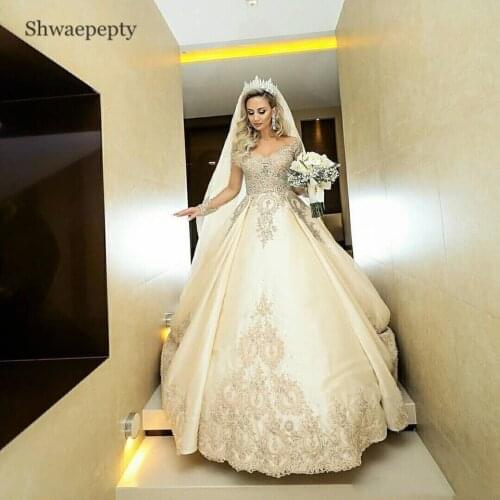 Shwaepepty Luxury Beads Lace Wedding Dresses A Line Appliques Long Sleeve Vintage Bridal Gowns Sheer Back Long Train Bride Dress