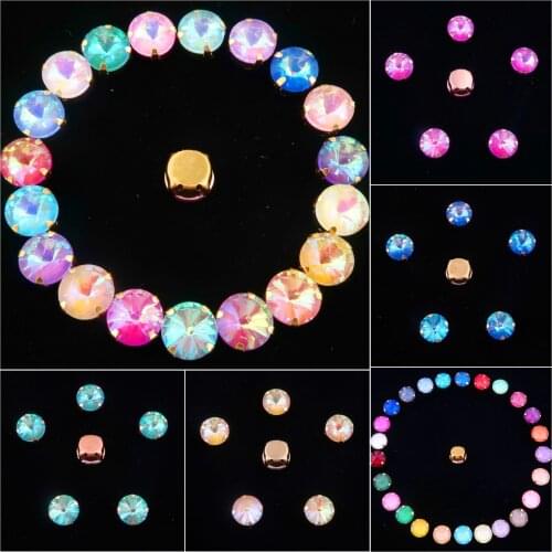 Rivoli round shape Gold claw settings 8mm 10mm jelly candy & AB glass Crystal Sew on rhinestone beads wedding dress diy trim