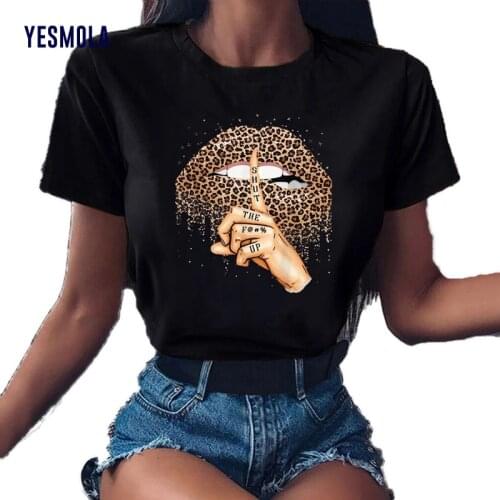 YESMOLA Women Tops 90s Lips Leopard Graphic T Shirt Base O-neck Summer Fashion Shirt Tees Kiss Leopard Lip Funny Girls Tshirt