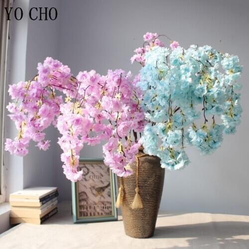 YO CHO 135cm 4 Forks Cherry Artificial Flower Silk Cherry Blossoms Wedding Wall Hanging Fake Flower Bridesmaid Home Party Decor