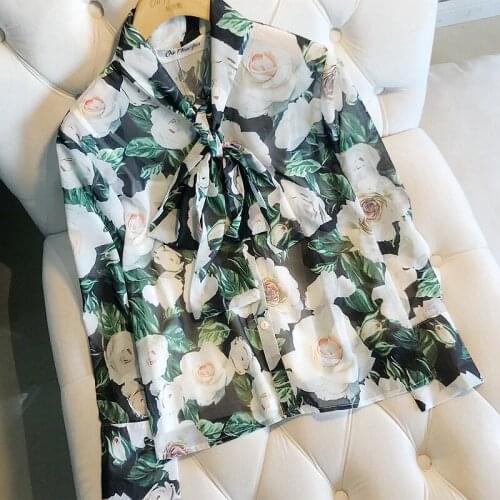 Vintage Green Floral Printed Chiffon Blouse Women 2021 Spring Summer Elegant Bow Long Sleeve Shirt Runway Tops Femme
