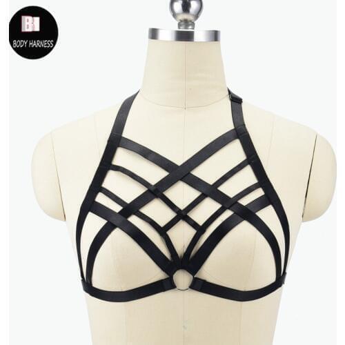 Goth Lady Bra Black Harness Cage Bra Lingerie Sexy Bondage Body Elastic Lingerie Garter Belt Body Harness