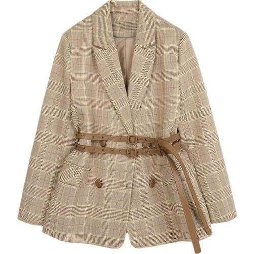 2021 Office Ladies Blazer Belt Notched Collar Plaid Women Blazer Double Breasted Autumn Jacket Casual Pockets Female Suits Coat