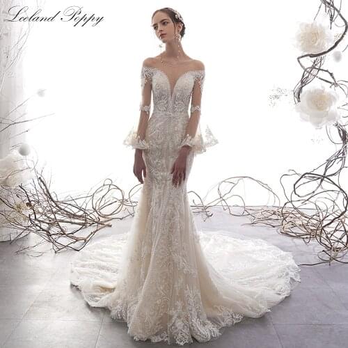 Lceland Poppy Beaded Mermaid Wedding Dresses 2021 Vestido de Noiva Falre Sleeves Floor Length Scoop Neck Lace Bridal Gowns