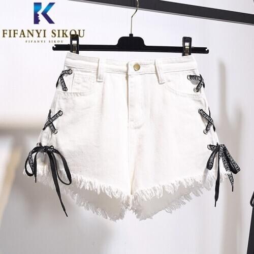 5XL Plus Size Women Denim Shorts Fashion Lace up Tassel High waist Jeans Shorts Summer Loose Wide leg Short Pants Jeans Female
