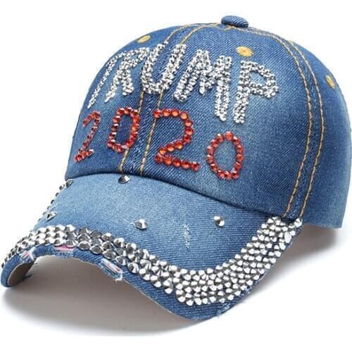 2020 Bling Letter Denim Breathable Trump Rhinestone Cap Unisex Distressed Hat Unisex Adjustable Baseball Hat Unisex