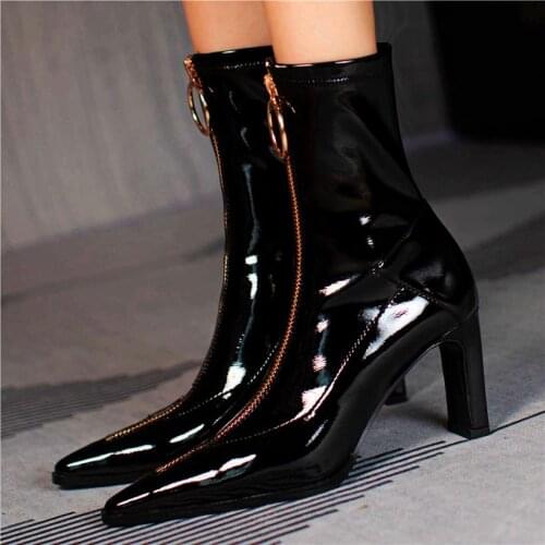 Sexy Womens Patent Leather Ankle Boots Front Zip Block High Heels Pointy Toe Party Pumps Shoes 34 35 36 37 38 39 40