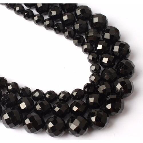 Natural AAA Grade Faceted Black Tourmaline Stone Beads Loose Strand 4-12mm for Jewelry Making Charm Accessories DIY Necklace