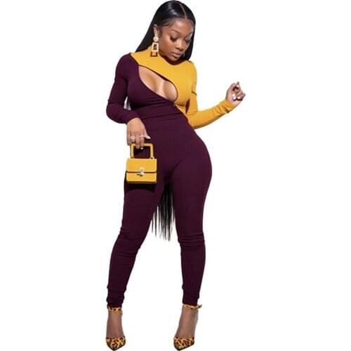 Color Patchwork Sexy Skinny Jumpsuit Women Long Sleeve Pants Casual Zip Hollow Out Bodycon Jumpsuit Club Party Romper Playsuit