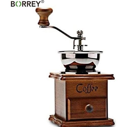 BORREY Wooden Coffee Bean Grinder Roller Grain Mill Hand Crank Coffee Grinder Vintage Style Manual Coffee Grinder Barista Tools