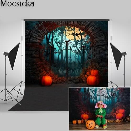 Mocsicka Halloween Backdrop Horror Castle Retro Iron Gate Photography Background Pumpkin Moon Black Bat Decor Photo Studio Props