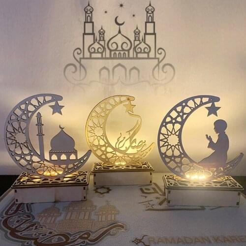 Islamic Mosque Eid Mubarak Moon Stars LED Luminous Decoration European Wooden Ramadan Home Interior Decoration