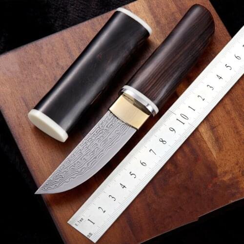 Damascus steel VG10 core Katana Small hunting Straight knife fixed blade knife Ebony handle japanese EDC Wood sheath Knife