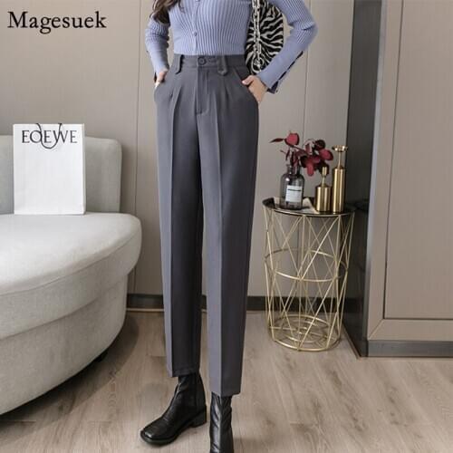 Korean Fashion Casual Women Trousers 2021 Autumn Vintage High Waist Baggy Pants Women Pockets Solid Harem Pants For Women 11479
