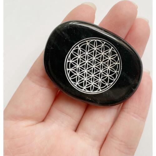 Natural Black Obsidian Pendant No Hole Sacred Geometry Flower of Life Pendant Stone Men Women Spiritual Jewelry 1pc Dropship