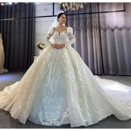 Charming Long Train Wedding Dresses Long Sleeves Ball Gown Shape Bridal Chuch Wedding Gowns In Dubai Lace Appliques