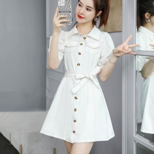 Summer Elegant Sashes White Denim Dress Korea Fashion Single Breasted Slim Puff Short Sleeve Mini Dresses Women Jeans Vestidos