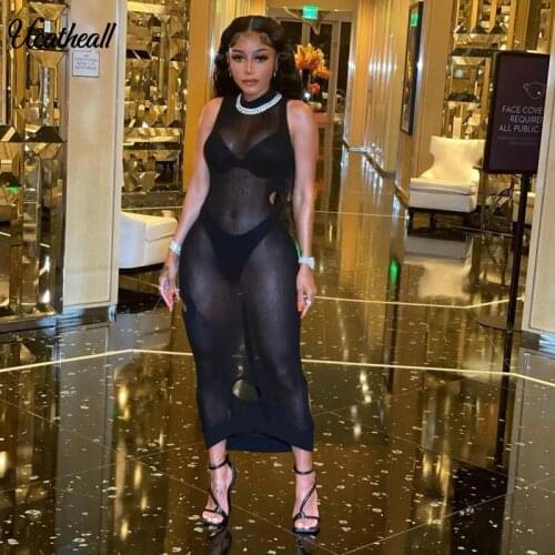 See Through Knitted Midi Dress Female Clothes Sleeveless Dresses Women Solid Hole Burnt Flower Fashion Sexy Women Dress