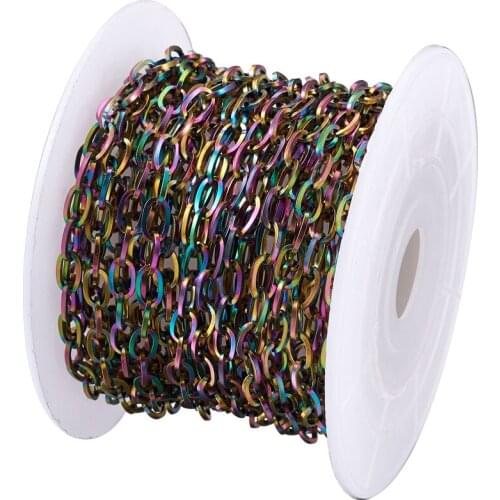 Rainbow Color Stainless Steel Cable Chains Unwelded Flat Oval Link Chain with Spool for Necklace Jewelry Making Handmade DIY 5m