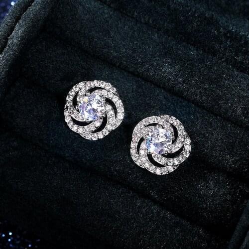 Huitan Delicate Flower Design Womens Earrings Engagement Wedding Party Daily Wear Versatile Female Silver Color Stud Earrings