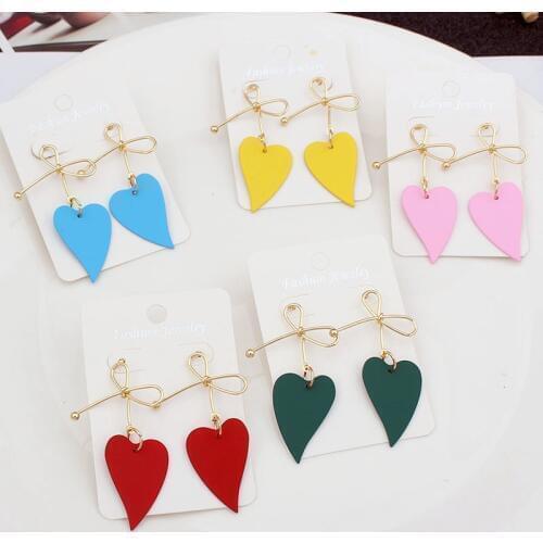 Fashion Metal Bow Heart Drop Earrings For Women Red Pink Heart Hanging Dangle Earrings Girls Gift Popular Female Jewelry