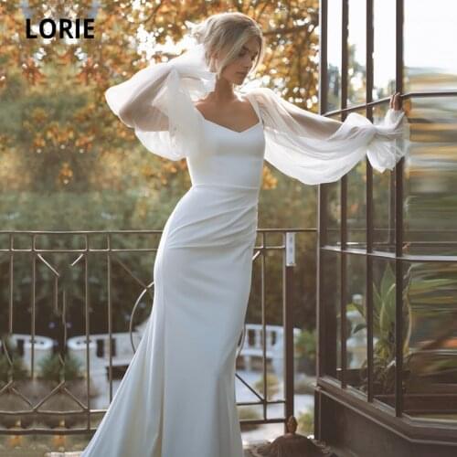 LORIE Boho Wedding Dresses with Detachable Long Puffy Sleeves Backless Mermaid Wedding Gown Soft Satin Beach Bridal Dress