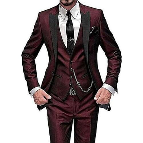 Wine Red Italian Style Colorful Tuxedo Groom Prom Pink Dress Wedding Dress Elegant Slim Mens Suit Set 3 Piece(Jacket+Pant+Vest)