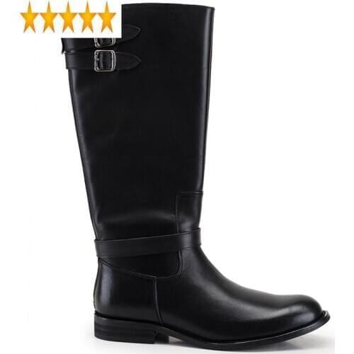 High Italian Knee Luxury Men Handmade Genuine Leather Motorcycle Biker Boots Buckle Footwear Black Punk Male Shoes