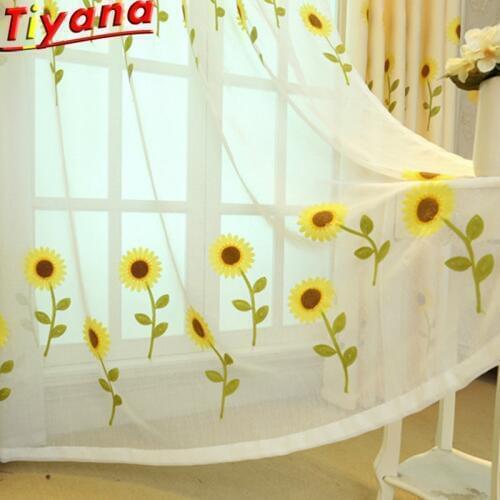 Sunflower Embroidered tulle curtains for Kids Room Lovely Boys Girls Curtain Fabrics Yellow Window Drapes Voile WP186#30