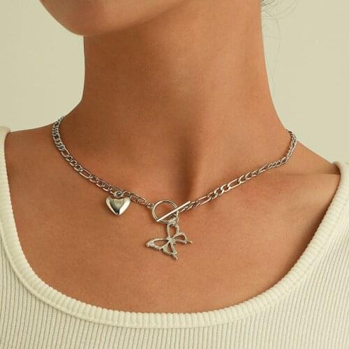 Trendy Punk Hollow Butterfly Love Heart Pendant Necklace for Women Vintage Thick Chain Clavicle Necklace Colar Jewelry Gift