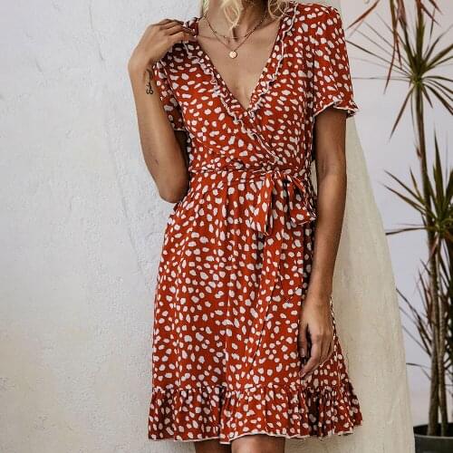 Jocoo Jolee Women Vintage Deep V-Neck Ruffles Printing Lace Up Summer Short Sleeve Sexy Mini Dress Casual Basic Beach Style