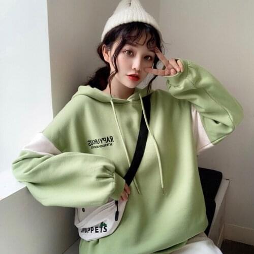 Zoki Autumn Hoodies Women Letter Embroidery Hoodies Loose Casual Streetwear Solid Green Lady Sweatshirt Korean Fashion New 2021