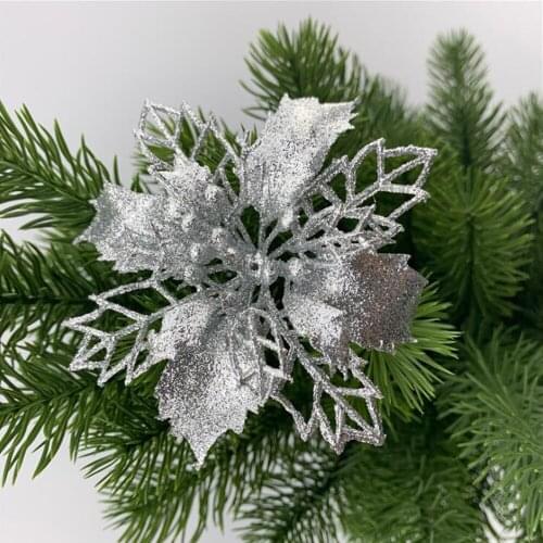 10pcs Glitter Artificial Flower Fake Poinsettia Flowers Christmas Tree Ornament Merry Christmas Decoration 2021 New Year Decor 2