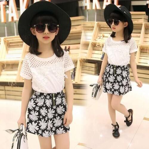 Childrens wear girls' suit summer wear 2020 new girls' casual lace short sleeve T-shirt + Cotton Floral Skirt 2-13 Y